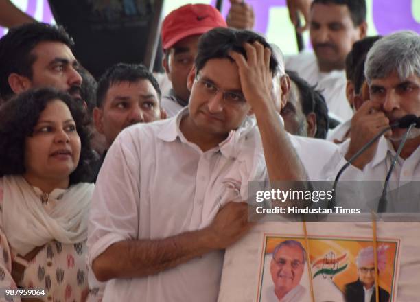 Rohtak MP Deepender Singh Hooda during a rally at Anaj Mandi, Punhana, on June 30 in Gurugram, India. Addressing his supporters from a specially...