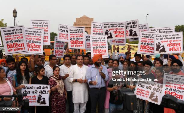 Member of Parliament from West Delhi Lok Sabha Constituency Parvesh Verma, AAP rebel MLA Kapil Mishra and Mahendra Singh Sirsa during a protest...