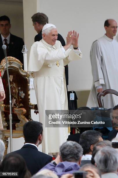 Pope Benedict XVI celebrates a Holy Mass in Piazza San Carlo on May 2, 2010 in Turin, Italy. Later in the day Pope Benedict XVI will meet with young...