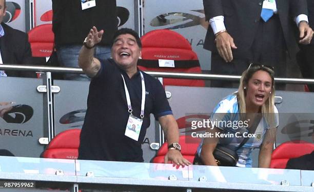 Diego Armando Maradona reacts during the 2018 FIFA World Cup Russia Round of 16 match between France and Argentina at Kazan Arena on June 30, 2018 in...