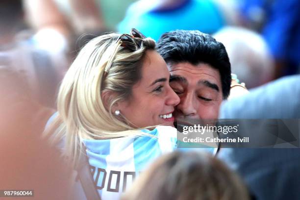 Diego Maradona, former Argentina player, celebrates after Argentina's second goal during the 2018 FIFA World Cup Russia Round of 16 match between...