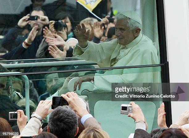 Pope Benedict XVI arrives to celebrate a Holy Mass in Piazza San Carlo on May 2, 2010 in Turin, Italy. Later in the day Pope Benedict XVI will meet...