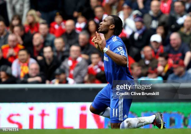 Didier Drogba of Chelsea celebrates after scoring the opening goal during the Barclays Premier League match between Liverpool and Chelsea at Anfield...