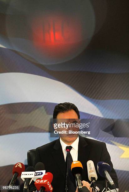 George Papaconstantinou, Greece's finance minister, speaks at a press conference at the Greek finance ministry outlining the rescue package in...
