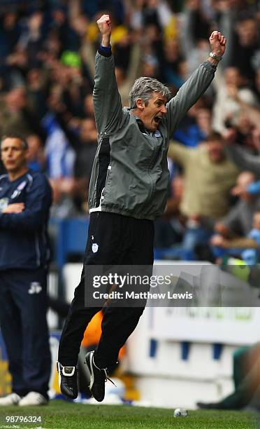 Alan Irvine, manager of Sheffield Wednesday celebrates Leon Clarke's goal during the Coca-Cola Championship match between Sheffield Wednesday and...