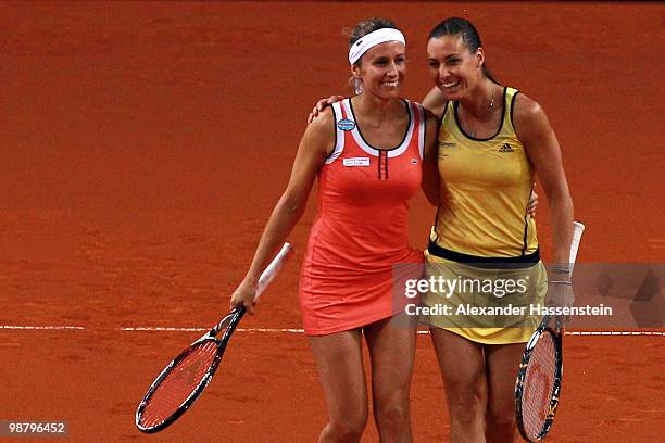 Gisela Dulko of Argentina celebrates with her team mate Flavia Pennetta of Italy winning the doubles final match against Kveta Peschke of Czech...