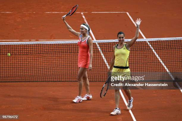 Gisela Dulko of Argentina celebrates with her team mate Flavia Pennetta of Italy winning the doubles final match against Kveta Peschke of Czech...