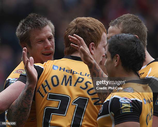 Ryan McGoldrick of Castleford Tigers on the left celebrates his try with Rangi Chase during the Engage Rugby Super League Magic Weekend match between...