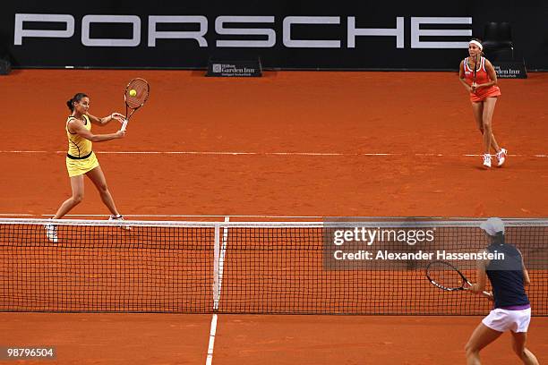 Flavia Pennetta of Italy wins with her team mate Gisela Dulko of Argentina the doubles final match against Kveta Peschke of Czech Republic and...