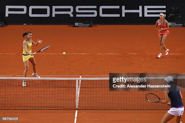 Flavia Pennetta of Italy wins with her team mate Gisela Dulko of Argentina the doubles final match against Kveta Peschke of Czech Republic and...