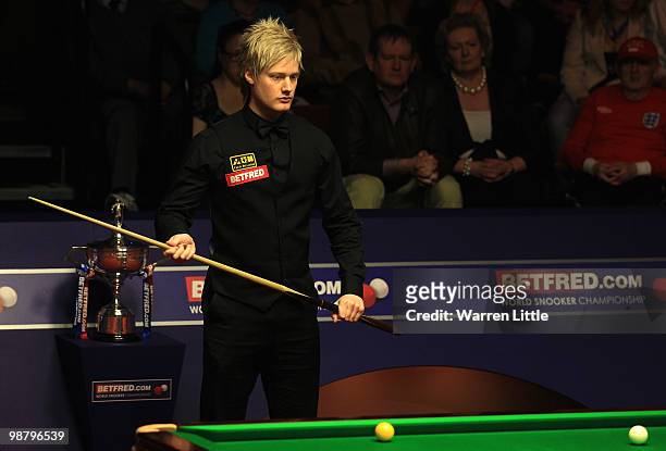 Neil Robertson of Australia in action against Graeme Dott of Scotland during the final of the Betfred.com World Snooker Championships at The Crucible...