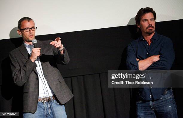 Producer John Battsek and actor and narrator Josh Brolin attend The TILLMAN STORY special screening Q & A at Tribeca Cinemas during the Tribeca Film...