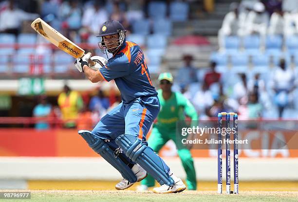 Yuvraj Singh of India scores runs durring The ICC World Twenty20 Group C match between South Africa and India played at The Beausejour Cricket Ground...