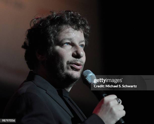 Comedian Jeffrey Ross performs at the Children Affected by Aids Foundation's "A Night of Comedy" at Saban Theatre on May 1, 2010 in Beverly Hills,...