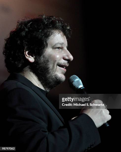 Comedian Jeffrey Ross performs at the Children Affected by Aids Foundation's "A Night of Comedy" at Saban Theatre on May 1, 2010 in Beverly Hills,...