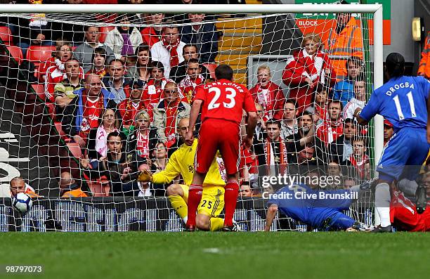 Frank Lampard of Chelsea scores his team's second goal past Pepe Reina of Liverpool during the Barclays Premier League match between Liverpool and...