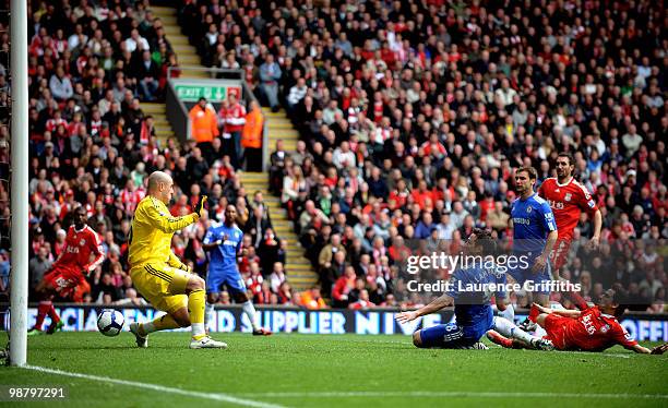 Frank Lampard of Chelsea scores his team's second goal past Pepe Reina of Liverpool during the Barclays Premier League match between Liverpool and...