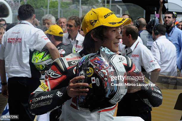 Shoya Tomizawa of Japan and Technomag - CIP celebrates under the podium at the end of the Moto2 race at Circuito de Jerez on May 2, 2010 in Jerez de...