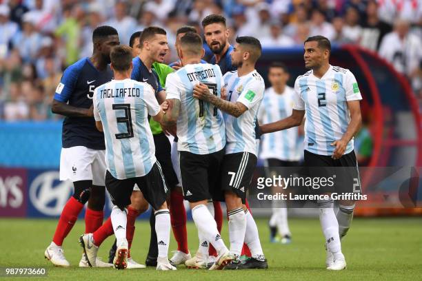 Argentina and France players clash during the 2018 FIFA World Cup Russia Round of 16 match between France and Argentina at Kazan Arena on June 30,...