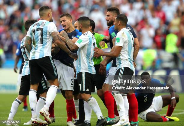 Argentina and France players clash during the 2018 FIFA World Cup Russia Round of 16 match between France and Argentina at Kazan Arena on June 30,...