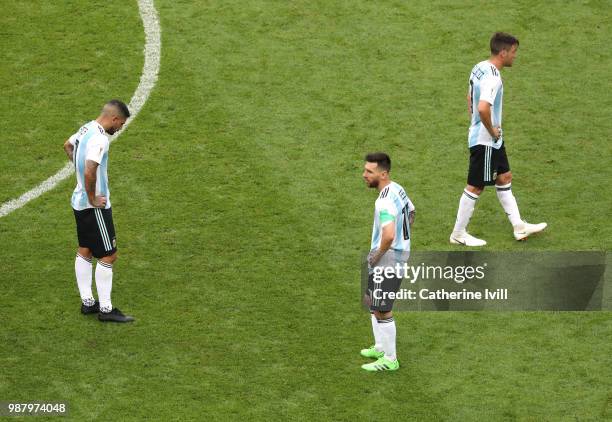 Lionel Messi of Argentina shows his dejection following during the 2018 FIFA World Cup Russia Round of 16 match between France and Argentina at Kazan...