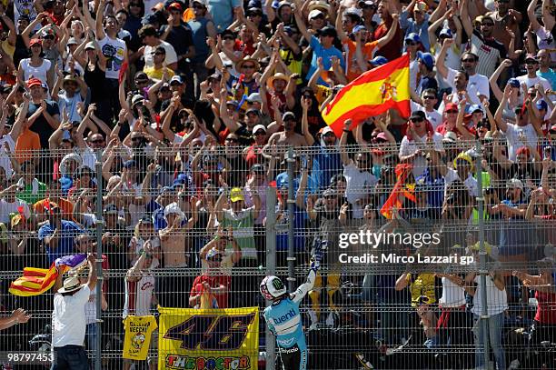 Pol Espargaro of Spain and Tuenti Racing celebrates the victory in front of his fans at the end of the 125 cc race at Circuito de Jerez on May 2,...