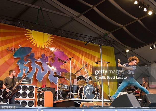 Jeff Ament, Matt Cameron and Eddie Vedder of Pearl Jam perform during the 41st Annual New Orleans Jazz & Heritage Festival Presented by Shell at the...
