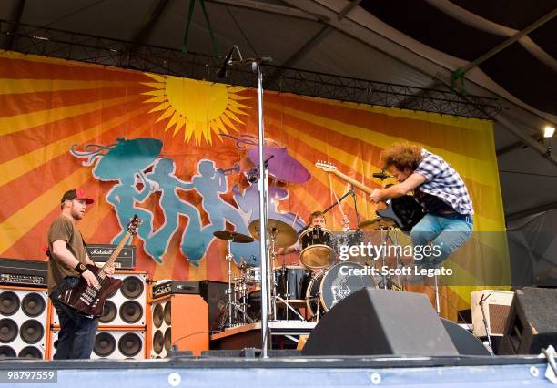 Jeff Ament, Matt Cameron and Eddie Vedder of Pearl Jam perform during the 41st Annual New Orleans Jazz & Heritage Festival Presented by Shell at the...