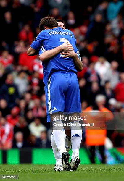 Frank Lampard and Branislav Ivanovic of Chelsea celebrate following their team's 2-0 victory during the Barclays Premier League match between...