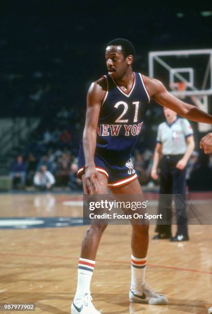 Campy Russell of the New York Knicks in action against the Washington Bullets during an NBA basketball game circa 1981 at the Capital Centre in...