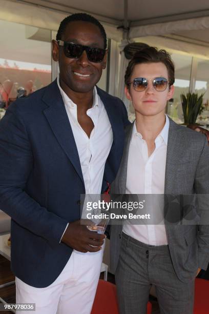 David Harewood and Tom Holland attend the Audi Polo Challenge at Coworth Park Polo Club on June 30, 2018 in Ascot, England.