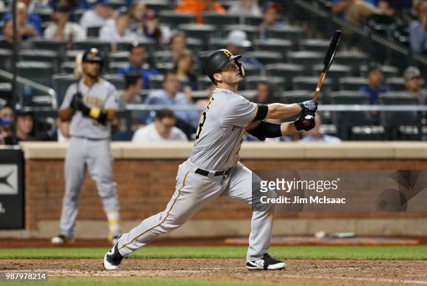 David Freese of the Pittsburgh Pirates in action against the New York Mets at Citi Field on June 26, 2018 in the Flushing neighborhood of the Queens...