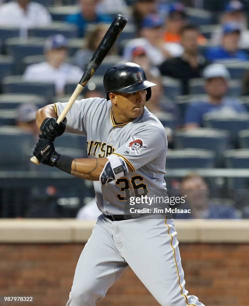 Jose Osuna of the Pittsburgh Pirates in action against the New York Mets at Citi Field on June 26, 2018 in the Flushing neighborhood of the Queens...