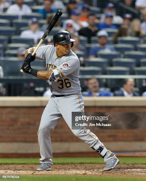 Jose Osuna of the Pittsburgh Pirates in action against the New York Mets at Citi Field on June 26, 2018 in the Flushing neighborhood of the Queens...