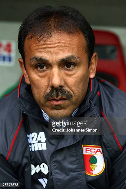 Jos Luhukay, head coach of Augsburg looks on ahead of the Second Bundesliga match between FC Augsburg and TSV 1860 Muenchen at Impuls Arena on May 2,...