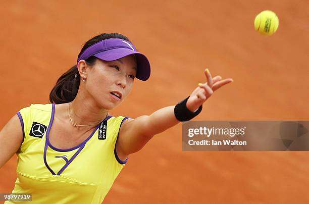 Jie Zheng of China in action against Maria Elena Camerin of Italy during the Sony Ericsson WTA Tour at the Foro Italico Tennis Centre on May 2, 2010...