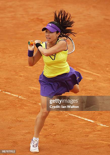 Jie Zheng of China in action against Maria Elena Camerin of Italy during the Sony Ericsson WTA Tour at the Foro Italico Tennis Centre on May 2, 2010...