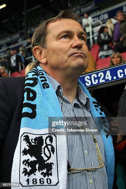 Ewald Lienen, head coach of Muenchen looks on ahead of the Second Bundesliga match between FC Augsburg and TSV 1860 Muenchen at Impuls Arena on May...