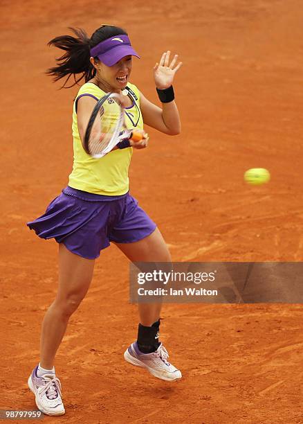 Jie Zheng of China in action against Maria Elena Camerin of Italy during the Sony Ericsson WTA Tour at the Foro Italico Tennis Centre on May 2, 2010...