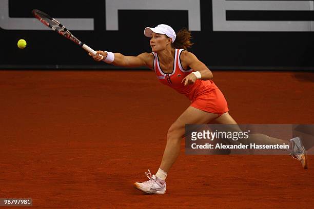 Samantha Stosur of Australia plays a fore hand during her final match against Justine Henin of Belgium at the final day of the WTA Porsche Tennis...