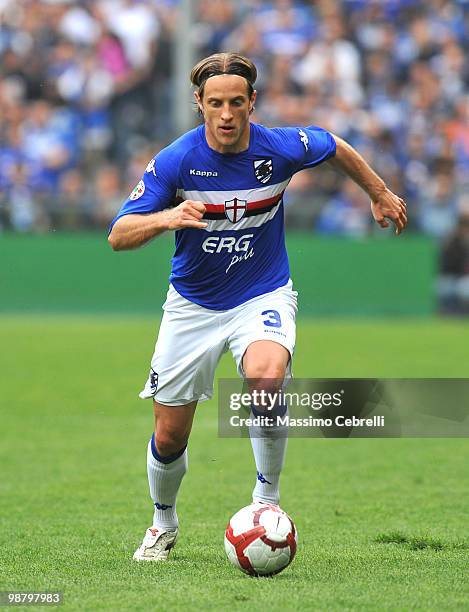 Reto Ziegler of UC Sampdoria in action during the Serie A match between UC Sampdoria and AS Livorno Calcio at Stadio Luigi Ferraris on May 2, 2010 in...