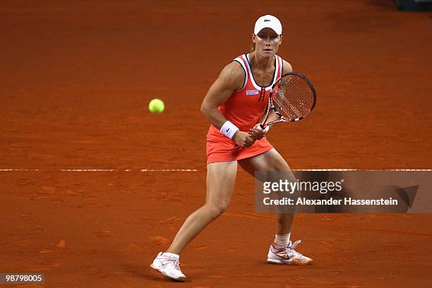 Samantha Stosur of Australia plays a back hand during her final match against Justine Henin of Belgium at the final day of the WTA Porsche Tennis...