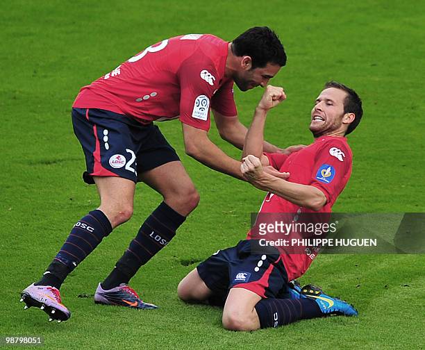 Lille's French midfielder Yohan Cabaye celebrates after scoring a goal during the French L1 football match Lille vs Nancy, on May 02, 2010 at Lille...