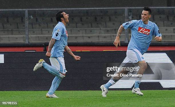 Ezequiel Lavezzi of Napoli celebrates after scoring their second goal during the Serie A match between Chievo and Napoli at Stadio Marc'Antonio...