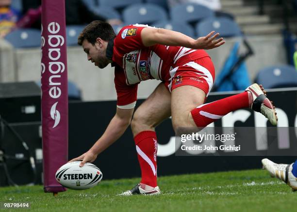 Darrell Goulding of Wigan Warriors scores a try during the Engage Super League game between Wigan Warriors and Huddersfield Giants at Murrayfield on...