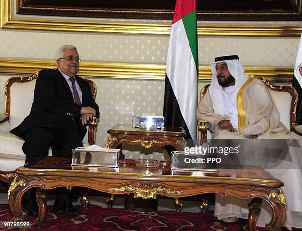 In this handout image supplied by the Palestinian Press Office , Palestinian President Mahmoud Abbas meets with United Arab Emirates President Sheikh...
