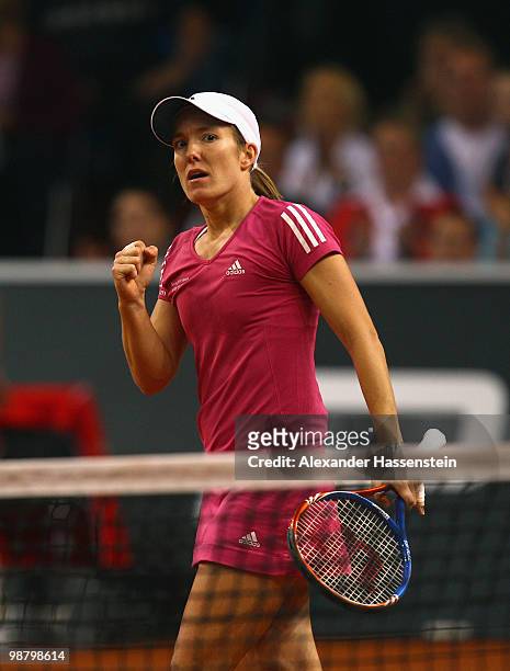 Justine Henin of Belgium reacts during her final match against Samantha Stosur of Australia at the final day of the WTA Porsche Tennis Grand Prix...