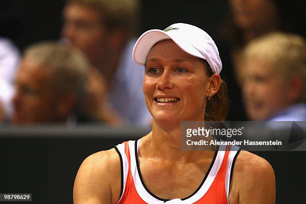 Samantha Stosur of Australia smiles after the final match against Justine Henin of Belgium at the final day of the WTA Porsche Tennis Grand Prix...