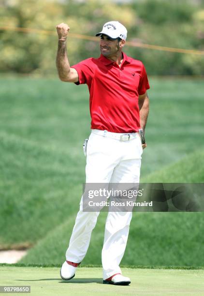 Alvaro Quiros of Spain celebrates making a putt during the final round of the Open de Espana at the Real Club de Golf de Seville on May 2, 2010 in...