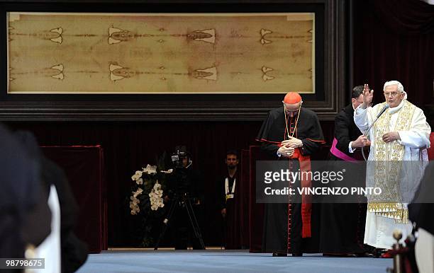 Pope Benedict XVI blesses in front of the Shroud in theTurin cathedral on May 2, 2010. Pope Benedict XVI will bow before the Shroud of Turin, the...